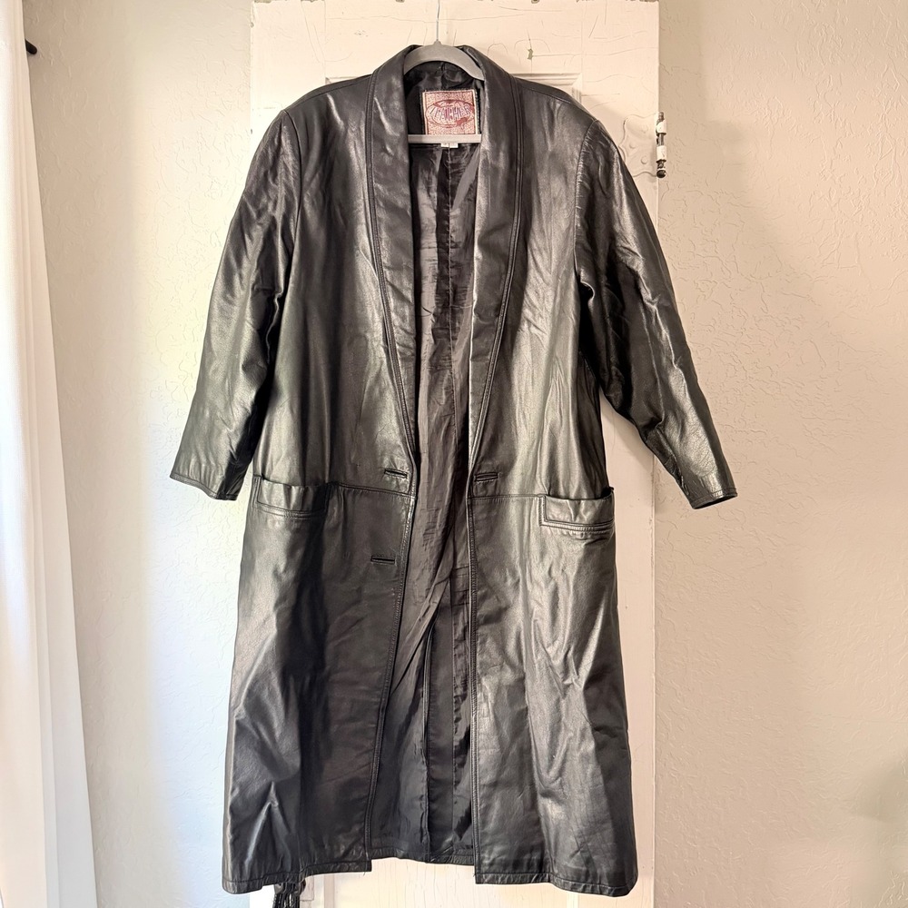 International Leather Collection Black Genuine Leather Duster Trench Coat Small